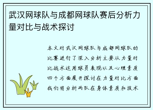 武汉网球队与成都网球队赛后分析力量对比与战术探讨